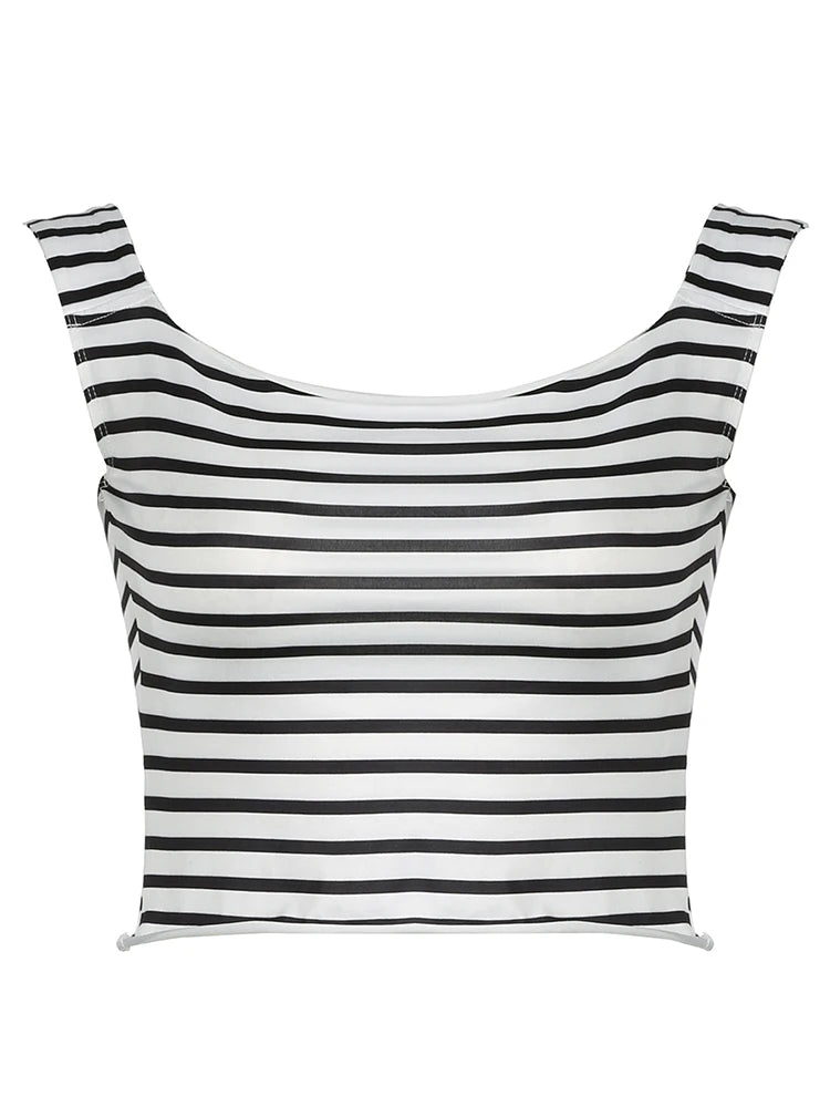 Retro Striped Print Tank Top Crop Shirts Slim Fairycore