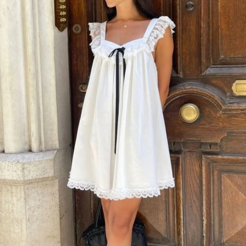 Lace Babydoll Mini Dress with Ribbon Bow