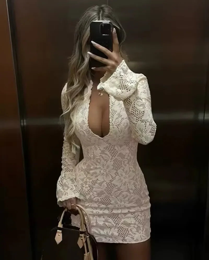 Hollow Out Long Sleeve Cocktail Dress for Stand Collar Dresses Lace Dresses