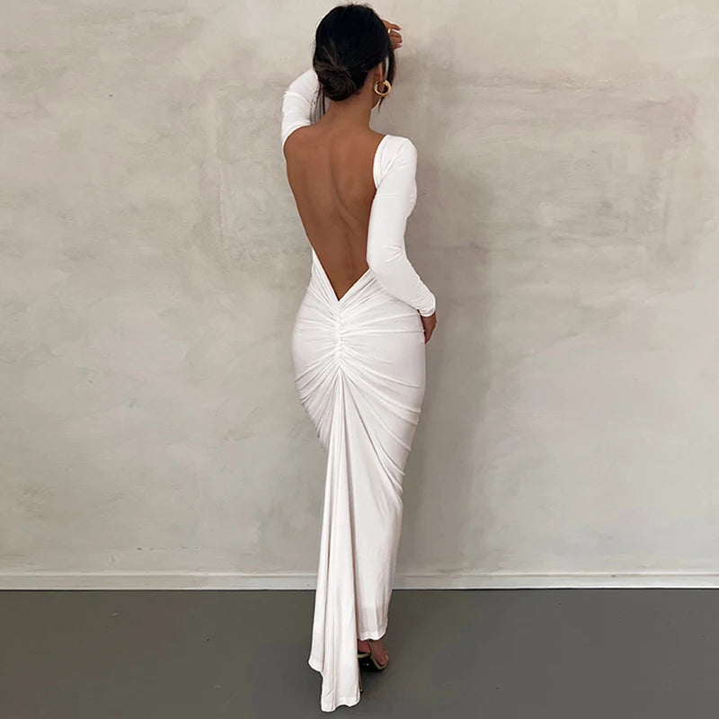 Ruched Backless Long Sleeve Bodycon Midi Dress