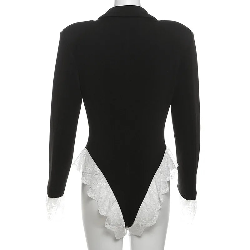 Deep V Neck Lace Bodysuits For Contrast Color Long Ruffled Sleeve Slim Fit Body Top Wear Hot