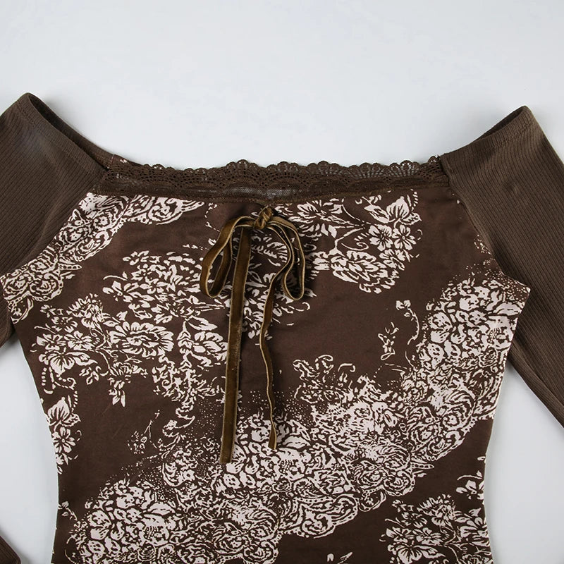 Floral Print Slim Top Tees Lace-up Brown ing Patchwork
