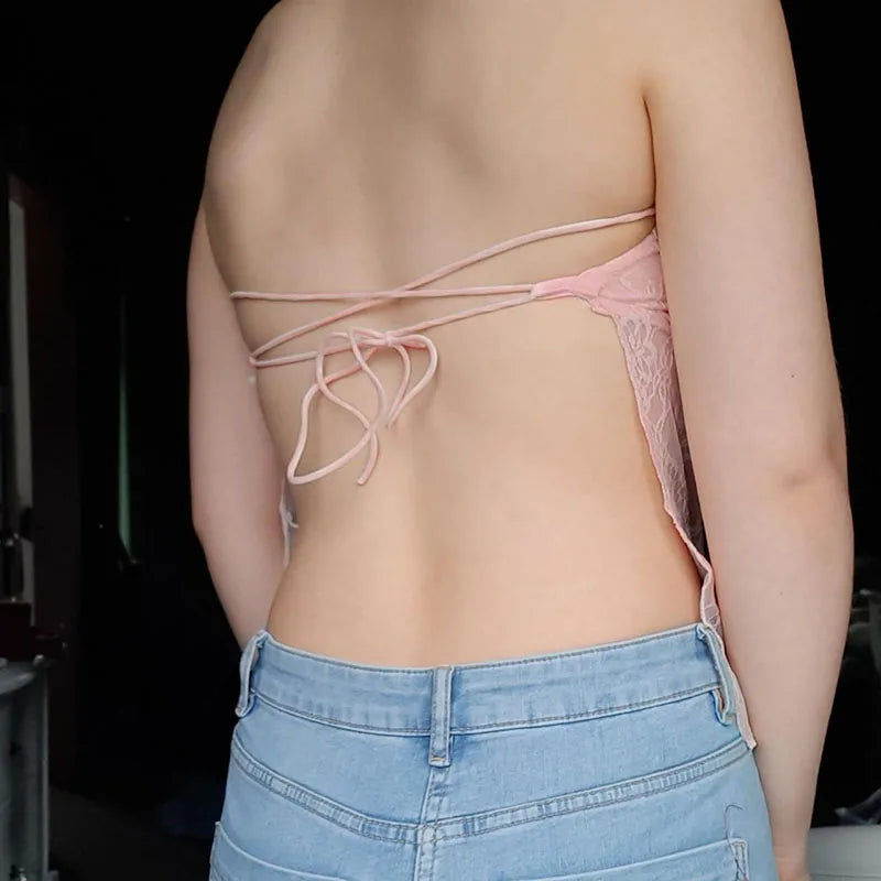 Backless Halter Neck Camisole Transparent Lace Slits Pink ing Lace-up
