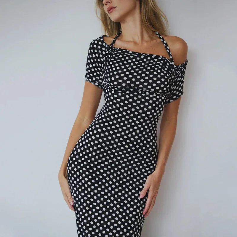 Black Polka Dot Backless Split Maxi Dress