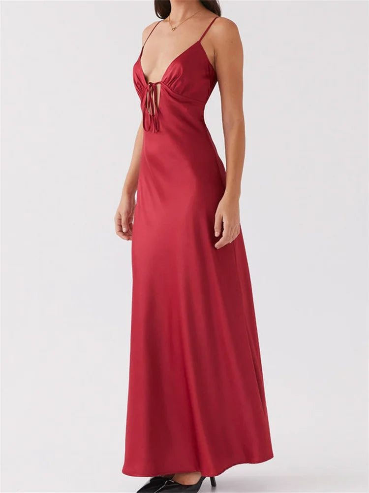 Dress Color Sleeveless Strap V-neck Front Tie-Up Backless Long Dress Slim