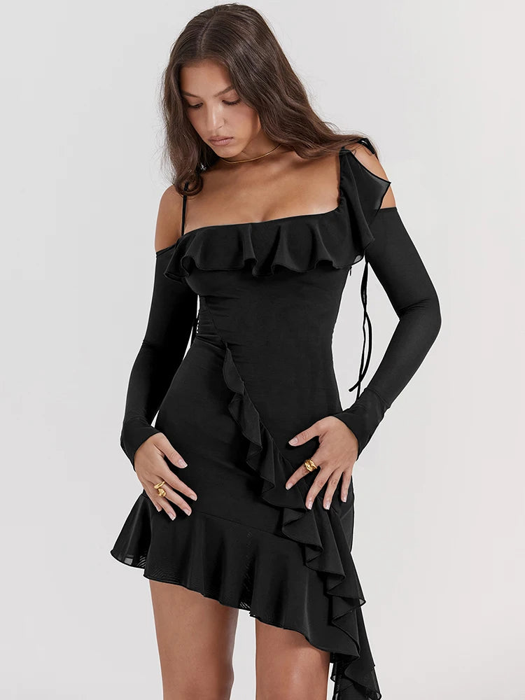Strap One Line Neck Double Layer Long Sleeve Dress Slim Fit Ruffles Irregular Mini Dress