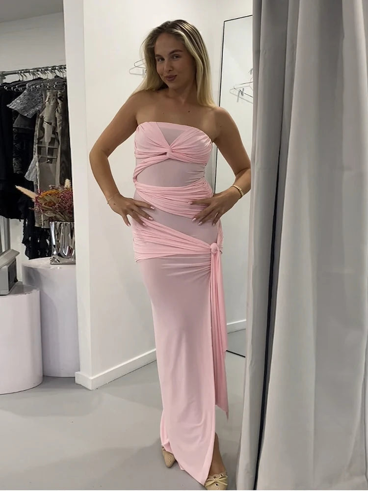 Backless Dress Ruched Chest Wrap Cross Bandage Sleeveless Tassel Street Slits Long Bodycon