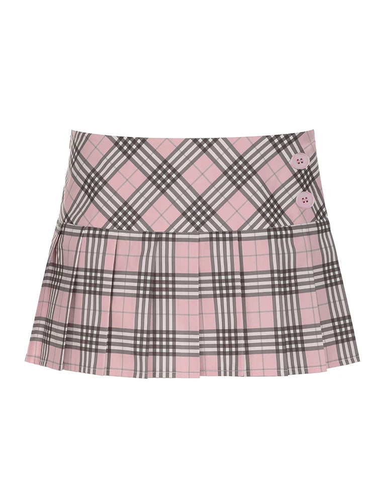 Preppy Plaid Skirts Buttons Pleated Bottoms Kawaii Mini Skirts