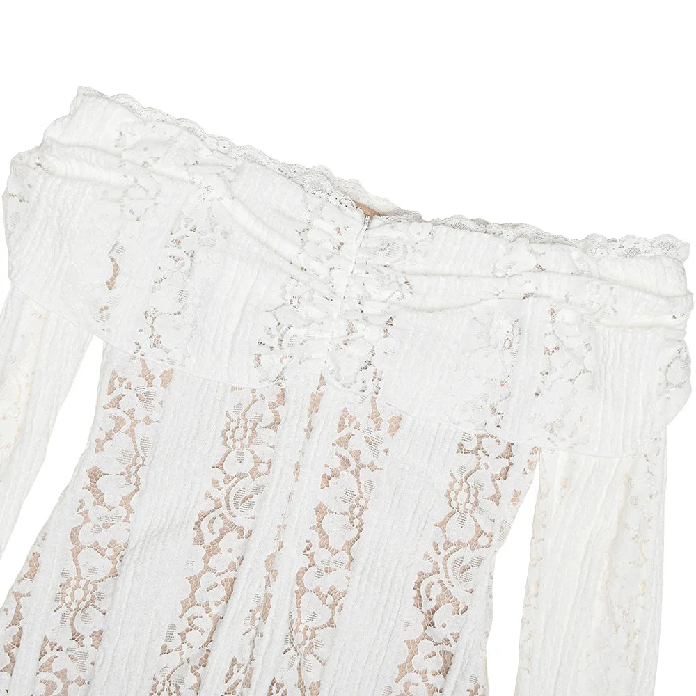 White Off The Shoulder Bodycon Dress in Flare Sleeve Lace Maxi Dress Wedding Guest Dress for