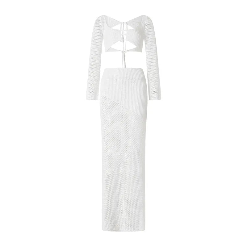 Crochet Knit 2 Piece Skirt Set Hollow Out Crop Top Long Sleeve Backless Tie Up Bodycon Dress