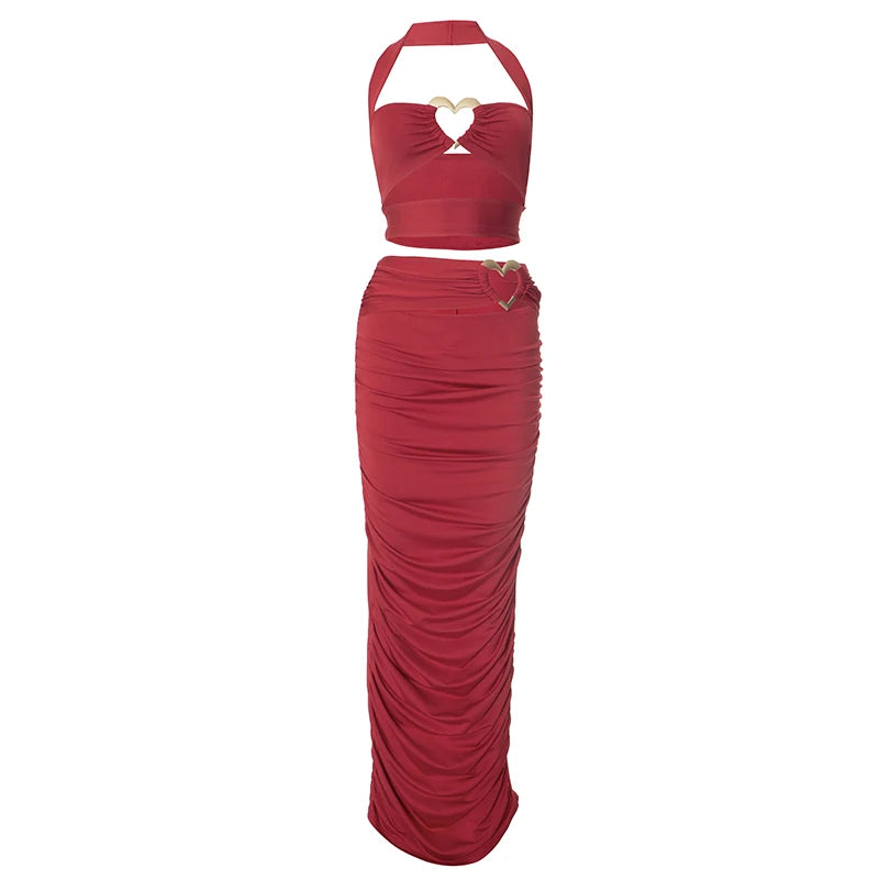 Color Slim Hollow Out Love Metal Design Set Hanging Neck Backless Top Package Hip Skirt Sets