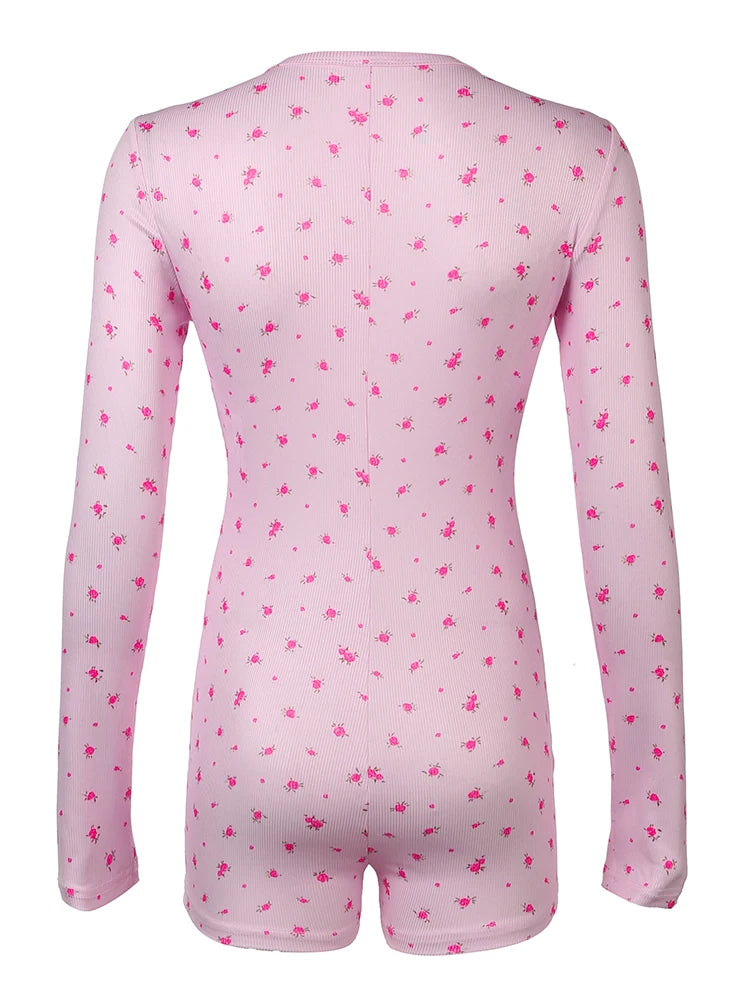 Floral Print Rompers Crewneck Long Sleeves Jumpsuits