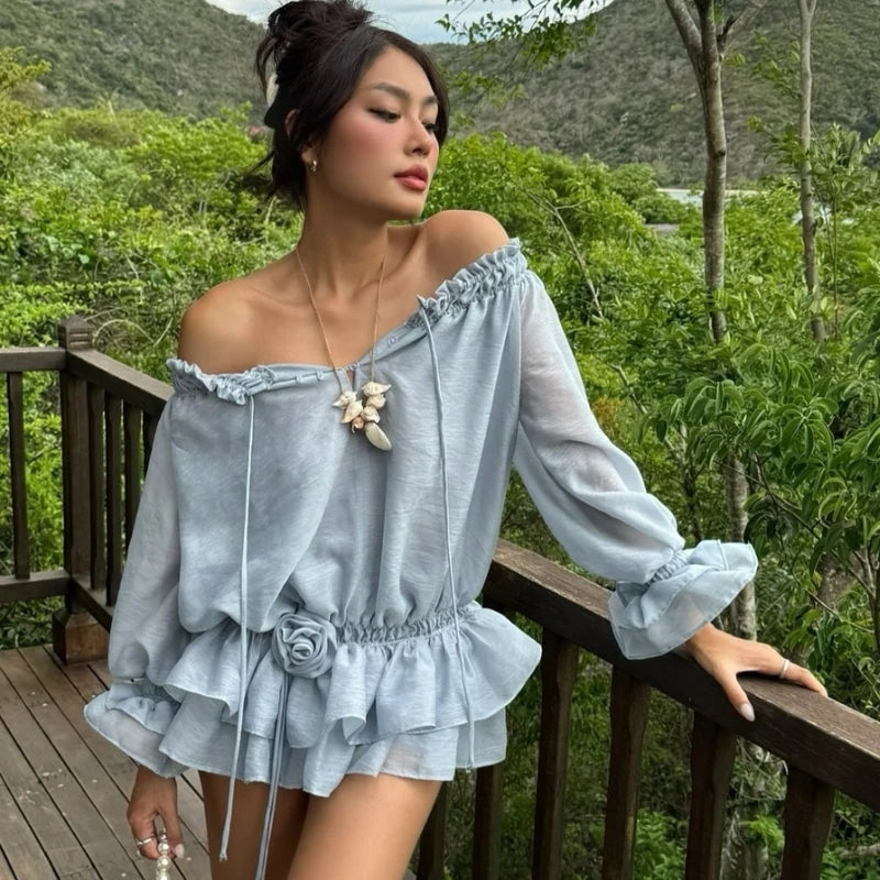 Mesh Ruffles Mini Dress Sheer Sleeve Slash Neck Slim Flower Lace Up Dress Street