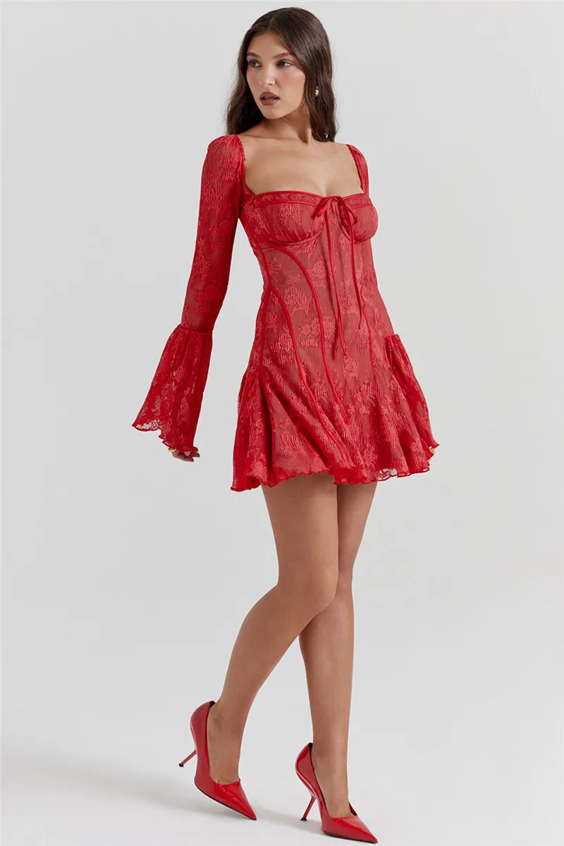 Lace Long Flare Sleeve Maxi Dress Square Collar Backless Bodycon Dress