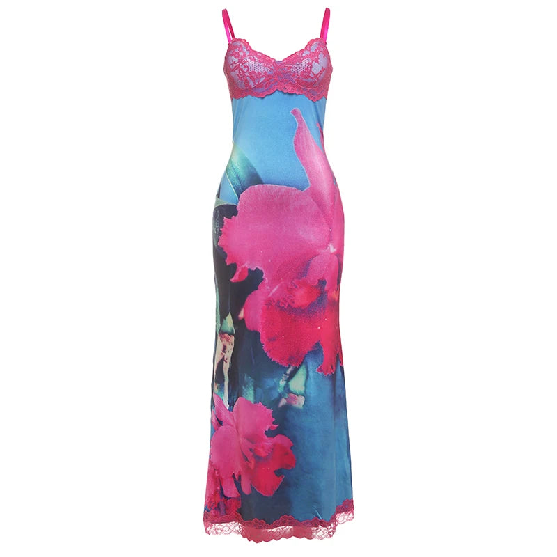 Lace Chest Wrap Maxi Dress Colorful Flowers Sleeveless Skinny Fit Slim