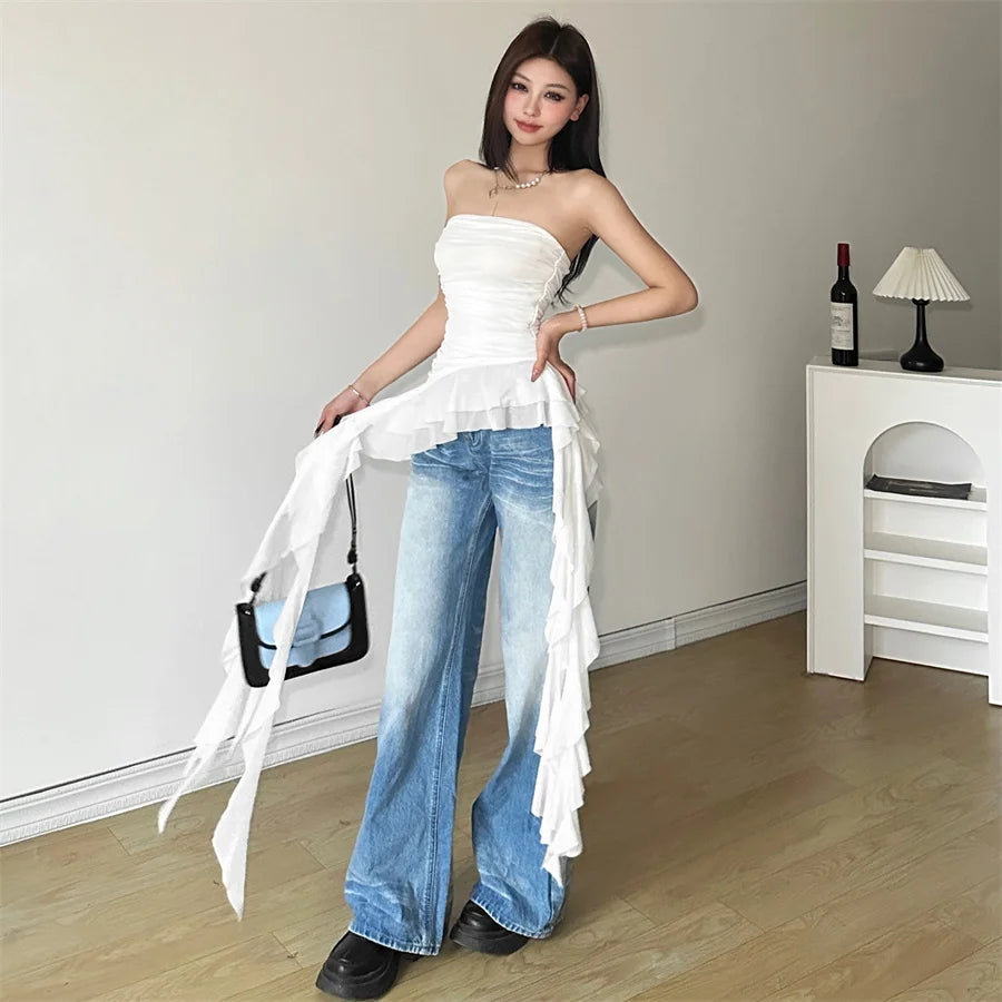 Solid Color Sweet Gentle Cute All-match Travel Chest Wrap ruched Tassel Vest