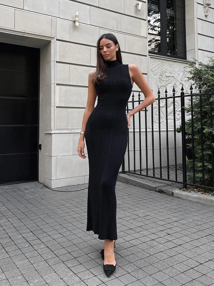Sleeveless Knit Turtleneck Long Dress Slim Ribbed Knit Dress Maxi Dress