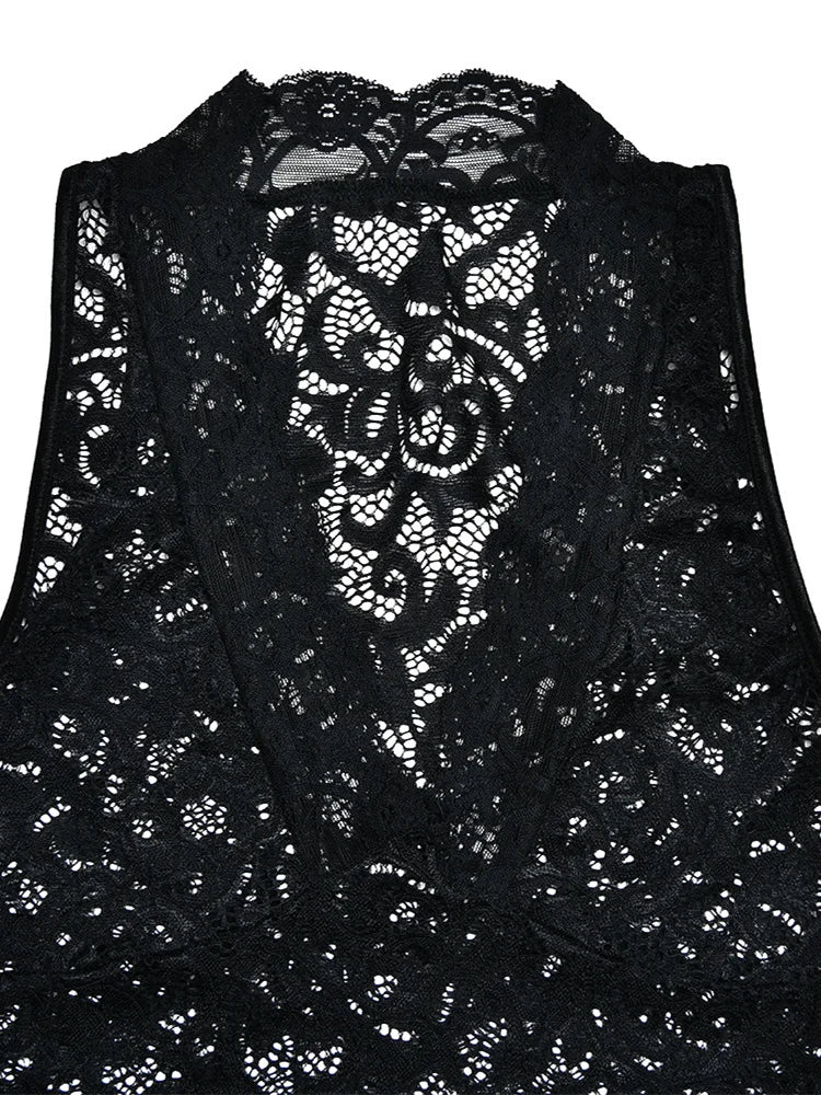 V-Neck Transparent Sleeveless Thin Playsuits Solid Patchwork Night Playsuit