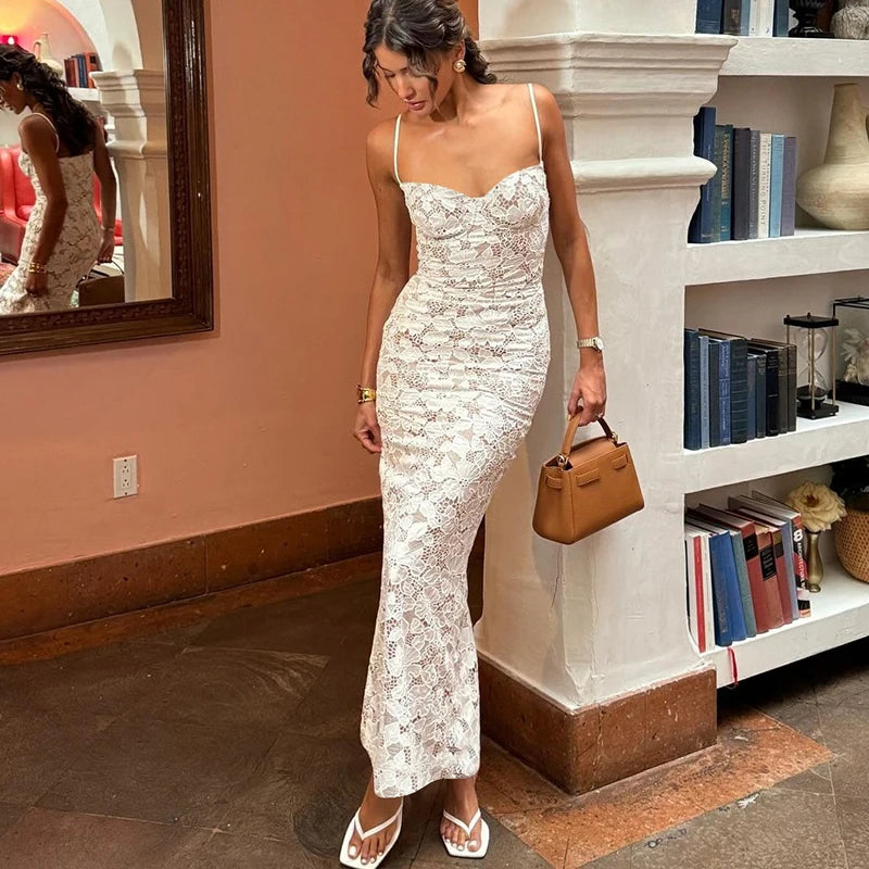 White Floral Backless Mesh Slit Bodycon Maxi Dress