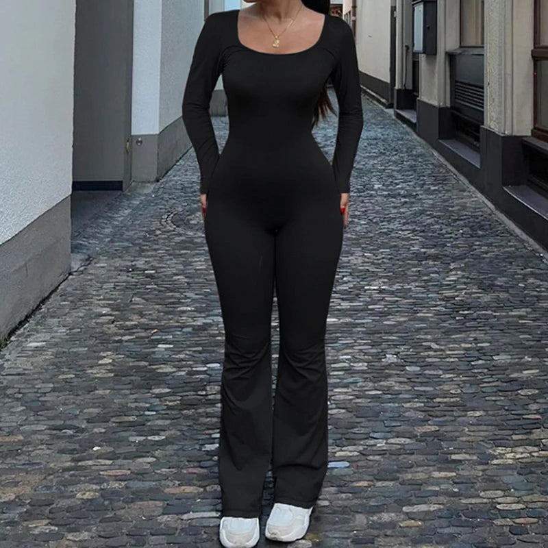 Backless Hollow Out Jumpsuits Long Sleeves Overalls Ruched Slim Rompers