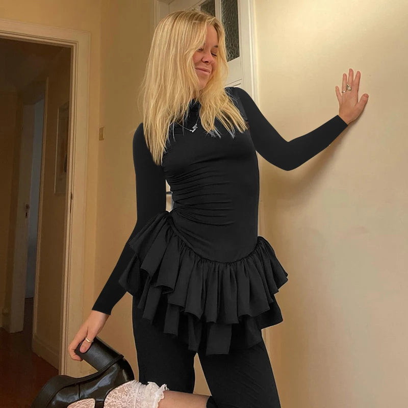 Round Neck Long Sleeve Dress Hem Pleat Deign Mini Dress