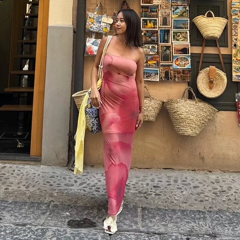 'S Color Collision Patchwork Strapless Waisted Package Hip See-Through Print Dress