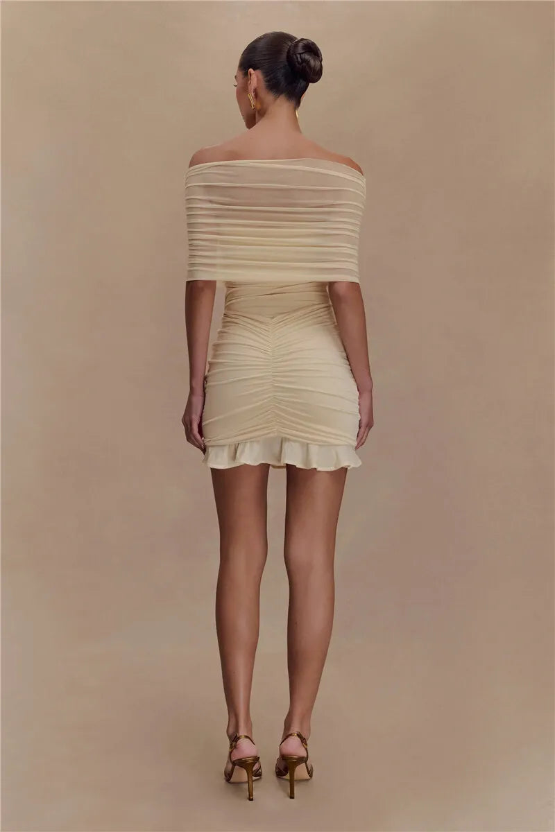 Mesh Strapless Off-shoulder Ruffled Mini Dress Backless High Waist Ruched Dress