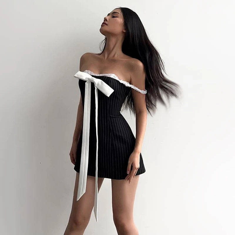 Stripe Print Slip Dress Bow Patchwork Sleeveless Backless Mini Dress