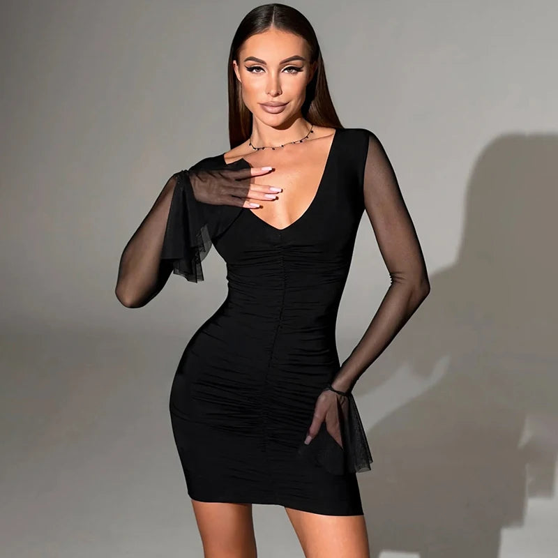Spring And Solid Color V-Neck Mesh Patchwork Pleated Ruffles Hip Flared Sleeve Mini Short Dress