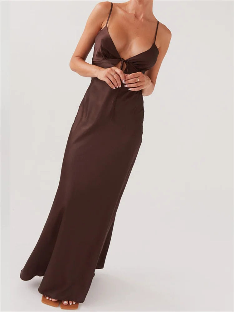 Dress Color Sleeveless Strap V-neck Front Tie-Up Backless Long Dress Slim