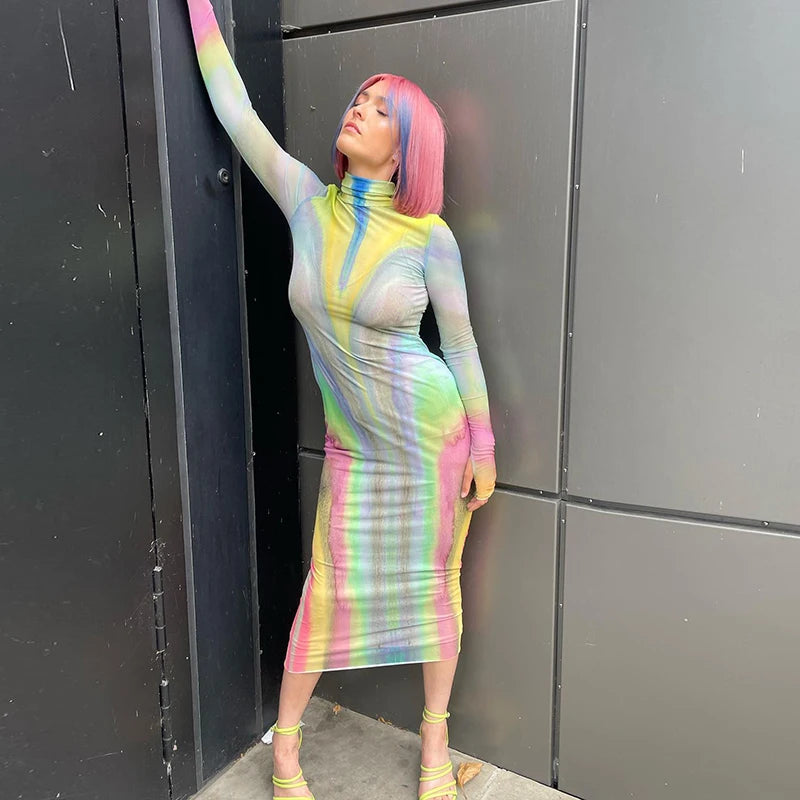 Multi- Long Sleeve Tight Slim Dress Meh See Through Collar Rainbow Dress