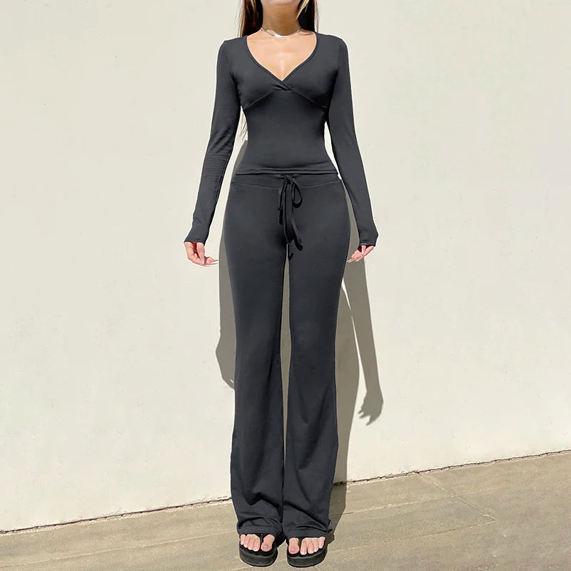 V-neck Top Full Length Pants Drawstring Suits Simple Slim Long Sleeves Low Waist