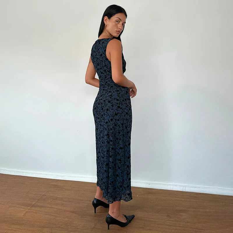 Printed Deep V Long Dress Floral Contrast Color Sleeveless Waist Slim Dress Long Dress