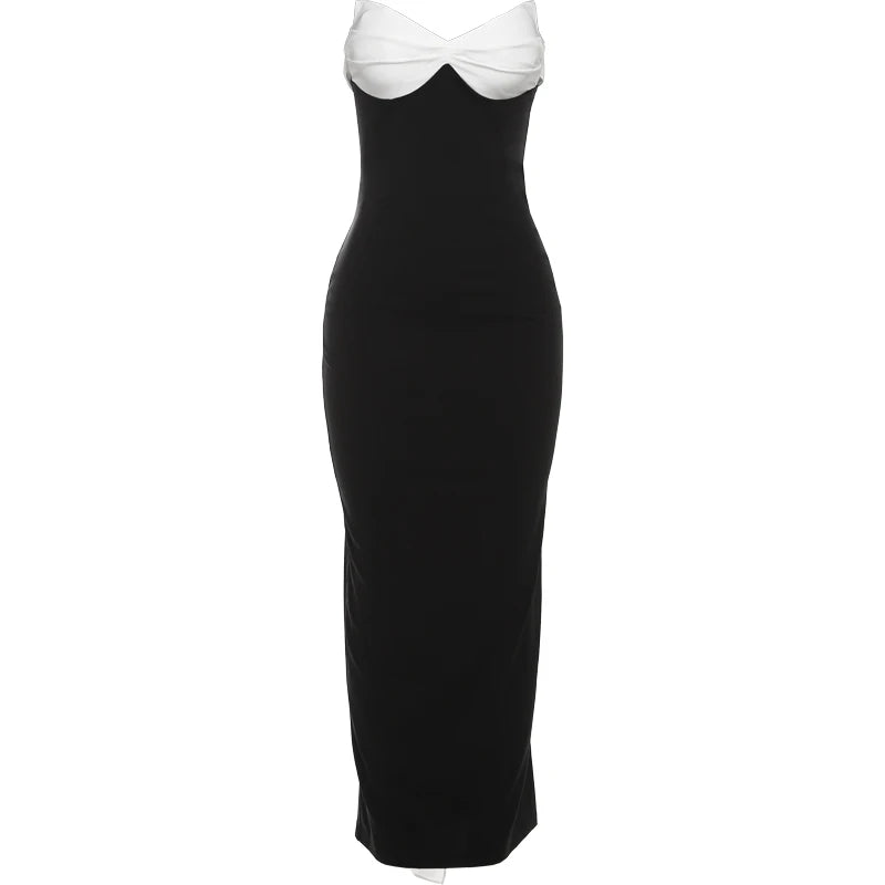Black White Patchwork Dress Chest Wrap Extra-Long Tassel Backless