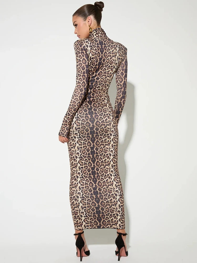 Leopard Long Sleeve Maxi Dress Turtleneck ed Bodycon Long Dress