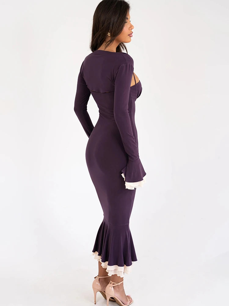 Square Collar Two Piece Sets Mermaid Dress Flare Sleeve Evening Dress