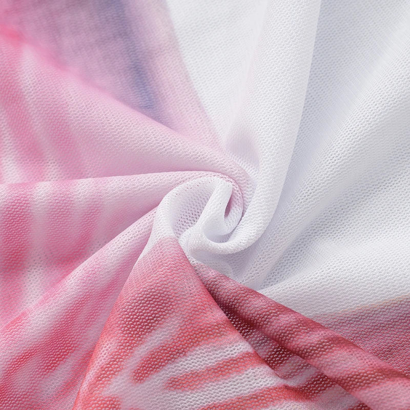 Spring 'S Slant Shoulder Orchid Print Mesh See-Through Patchwork Strapless Short Dress Lined Dress