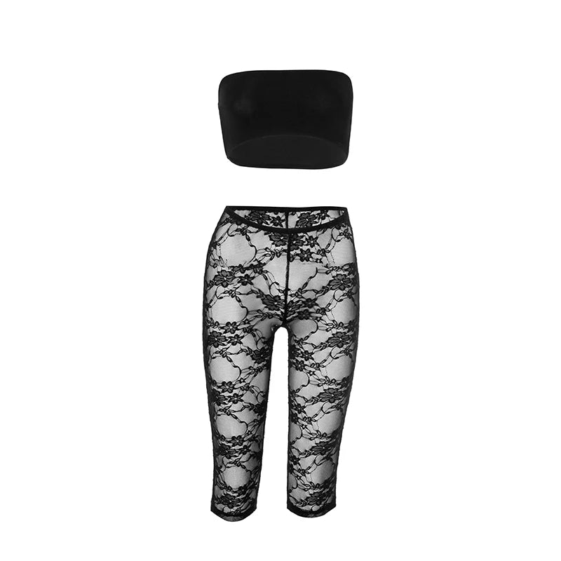 Black Lace Strapless Top See-Through Pants Two Piece Set