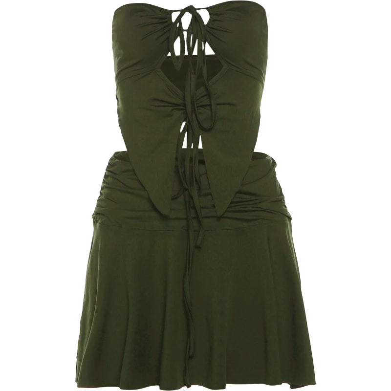 Green Strapless Top Ruched Skirt Two Piece Set