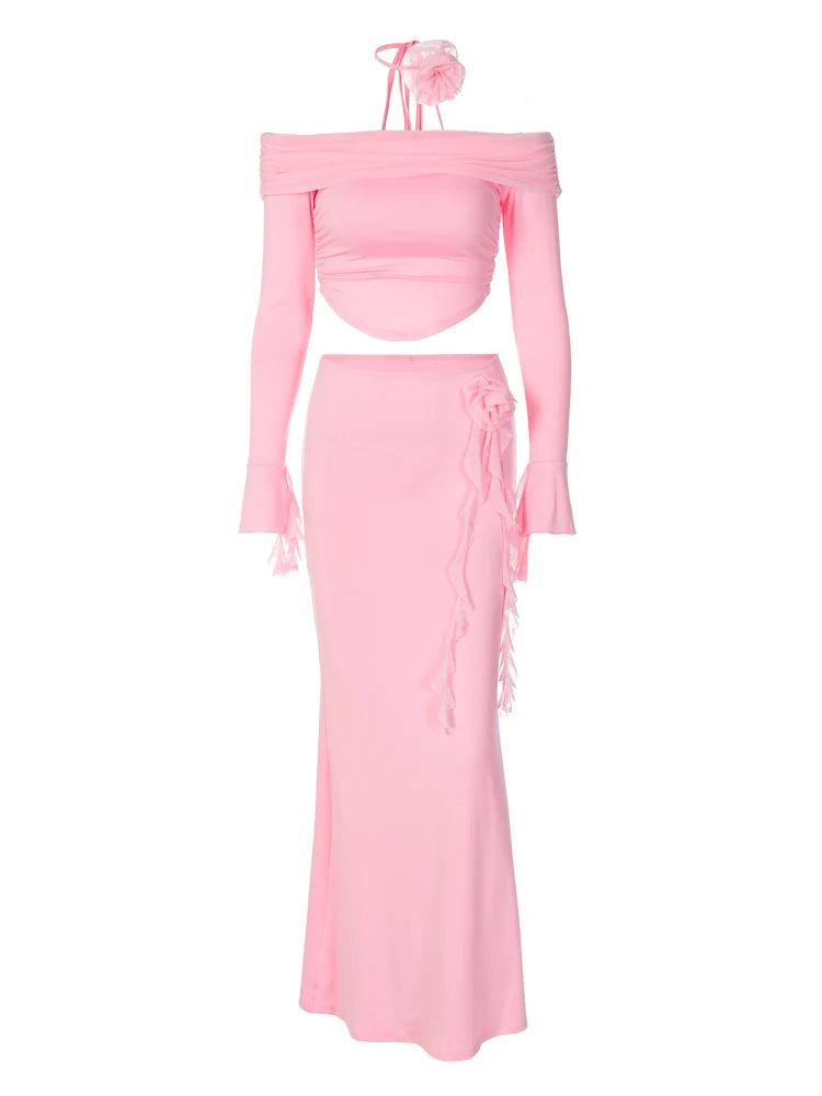 3D Flower Off Shoulder Crop Top Maxi Skirt Set