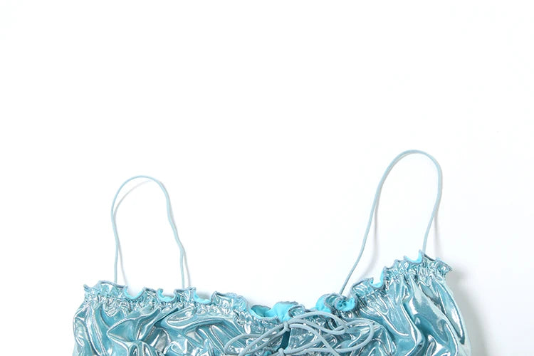 Shiny Reflective Set Stunning Trim Crop Camis Under Pleated Ruffle Mini Skirts Swim Suits