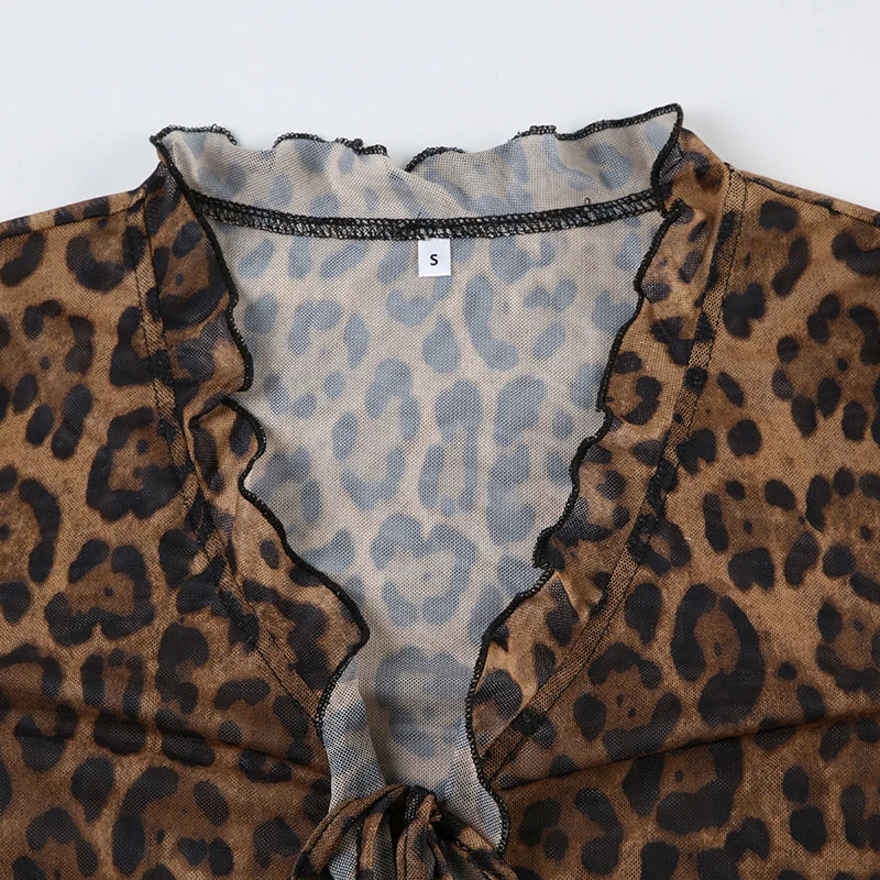 Leopard Meh Ruch Tee Shirt Lace-up Long Sleeve Brown