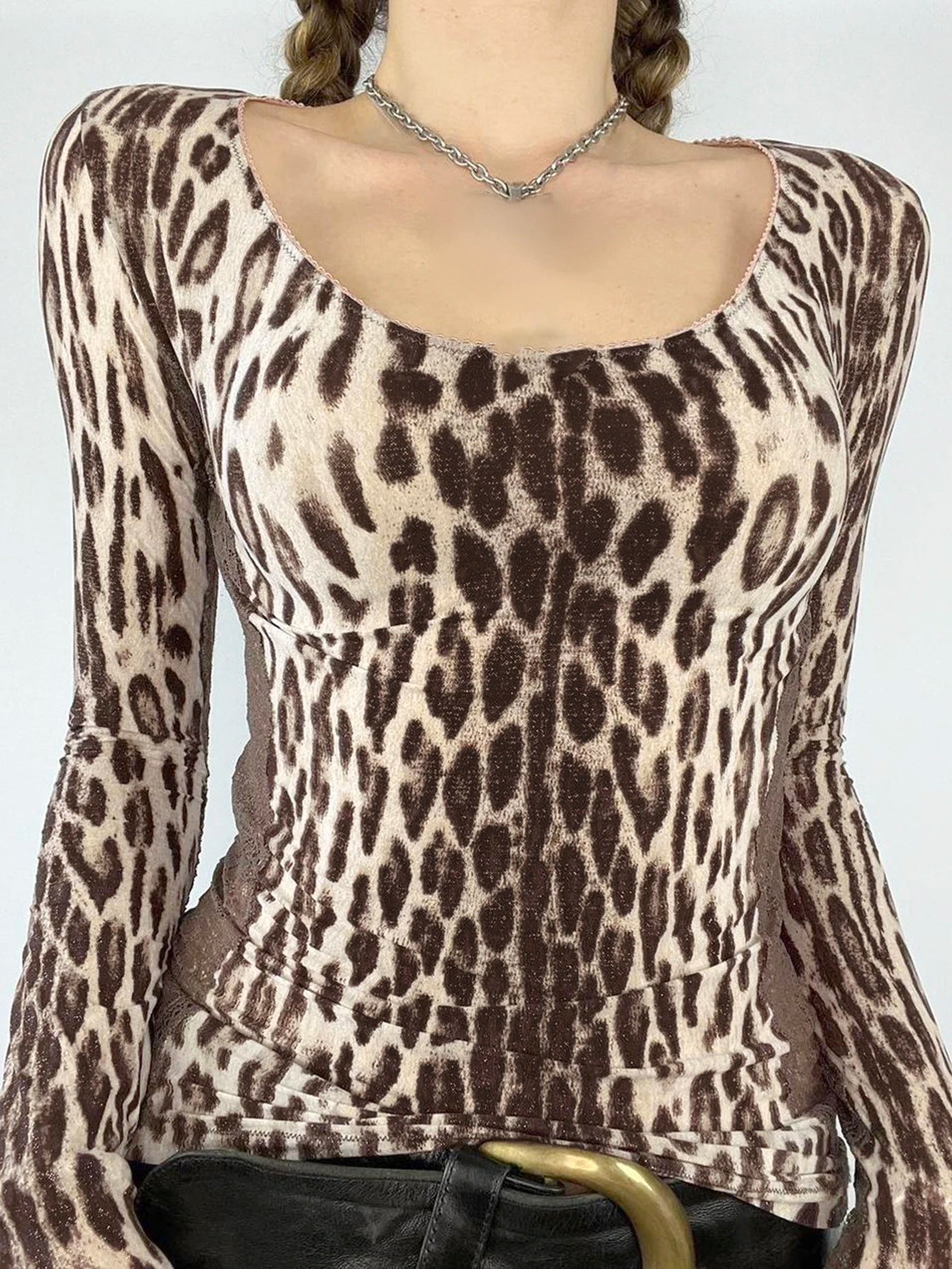 Leopard Print 's Top Tee Lace Patchwork Brown Slim Shirts Long Sleeves Crewneck