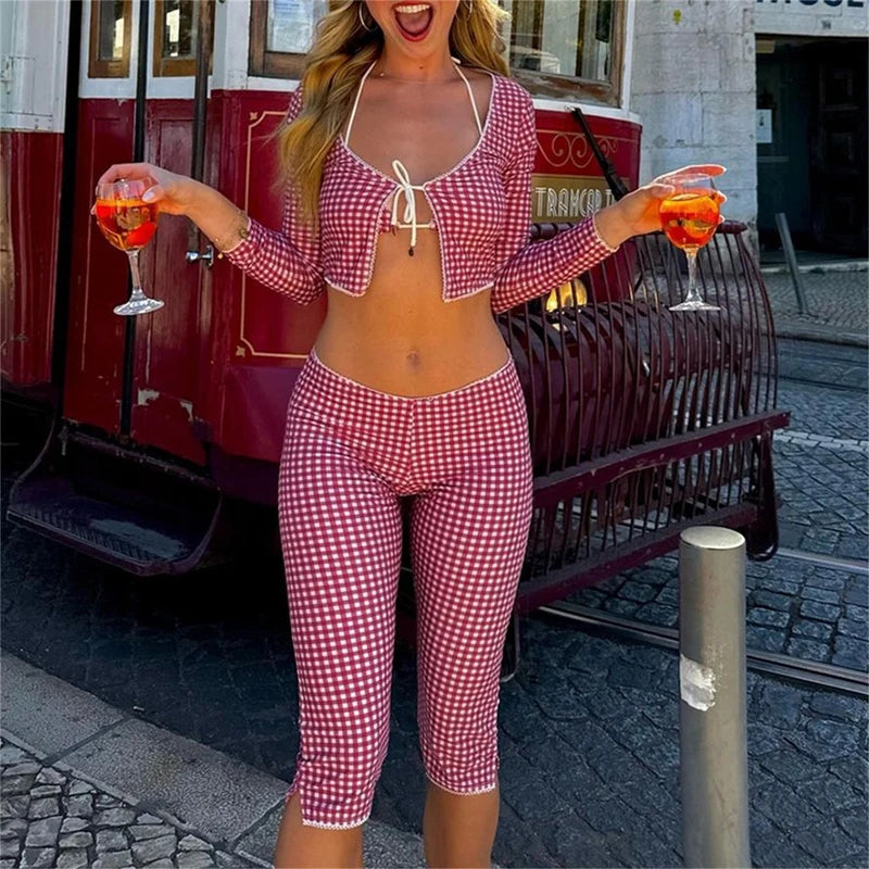 Plaid Long Sleeve Tie Front Crop Tops Low Waist Capris Pants Set Cottage Slilm Fit T-shirt