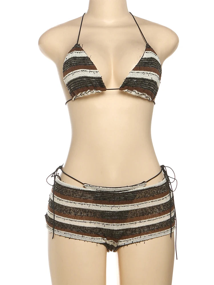 Skirt Set Stripe Pleat Bandage Halter Bikini Top Under Matching Hip Skirt Swim 3 Piece