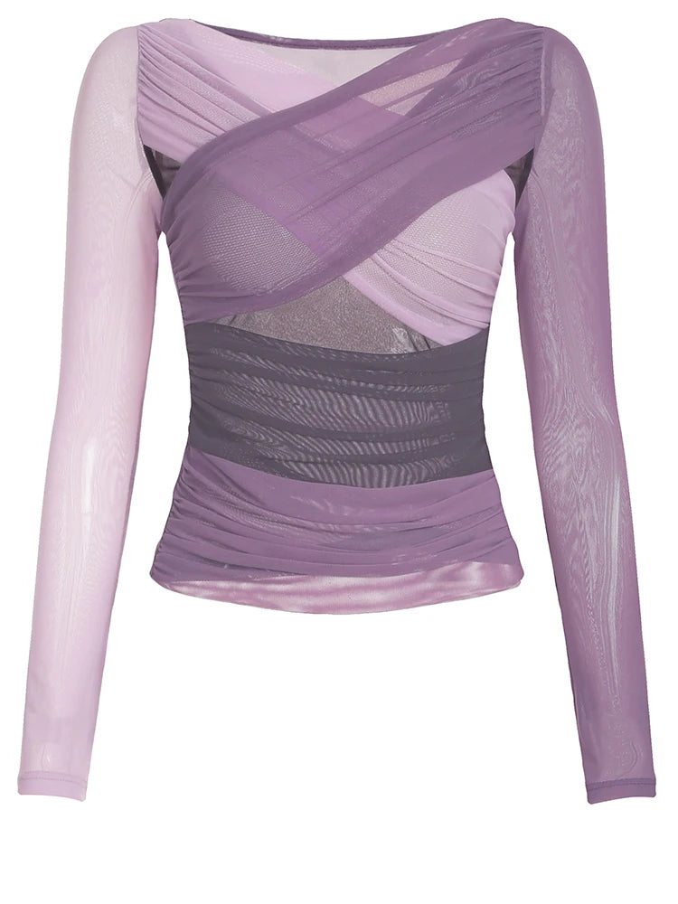 Patchwork Asymmetry Slim Tee Shirts Long Sleeves V-neck 's