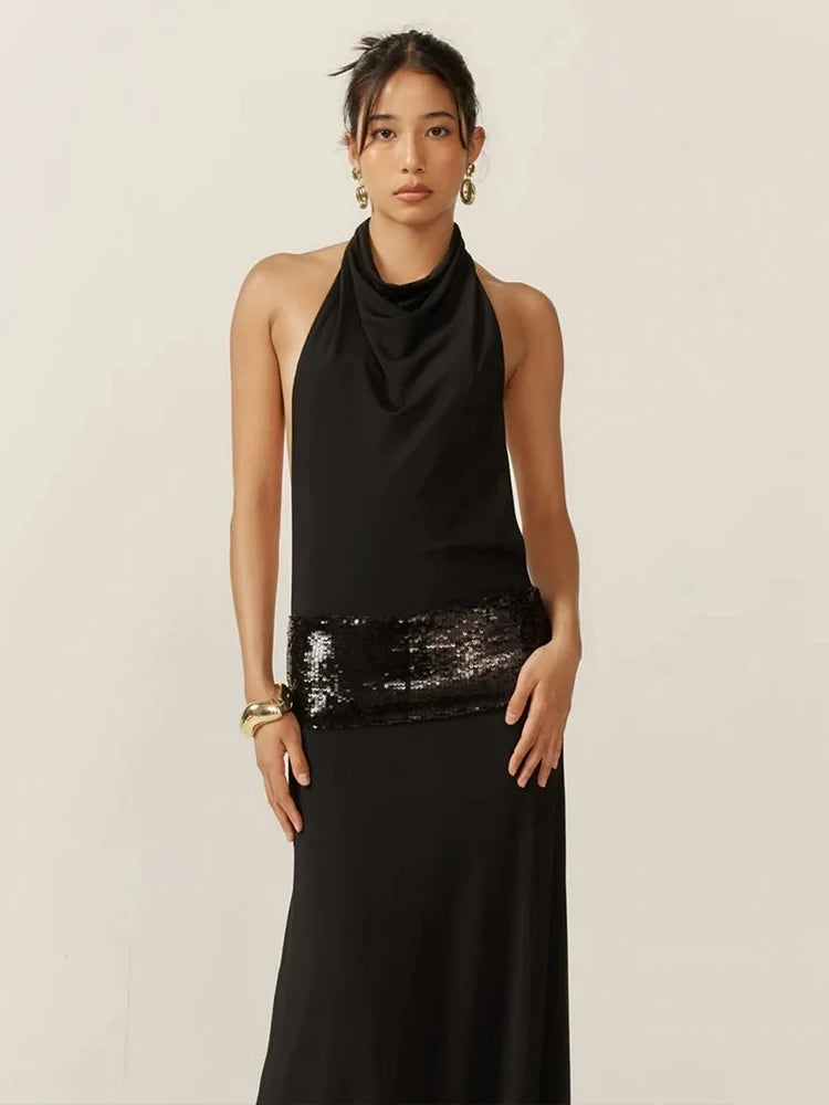 Waist Sequins Dress Backless Halter Sleeveless Pile Collar