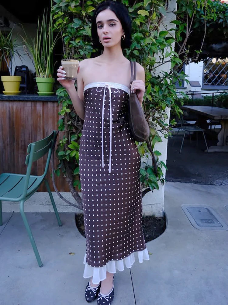 Strapless Polka Dot Dress Coffee Backless Lace Up Dress Femme Slim Evening Dress