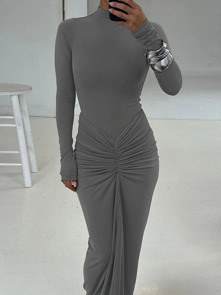 Pleated Patchwork Long Dress High Waist Long Sleeve Solid Slim Dress Maxi Dress