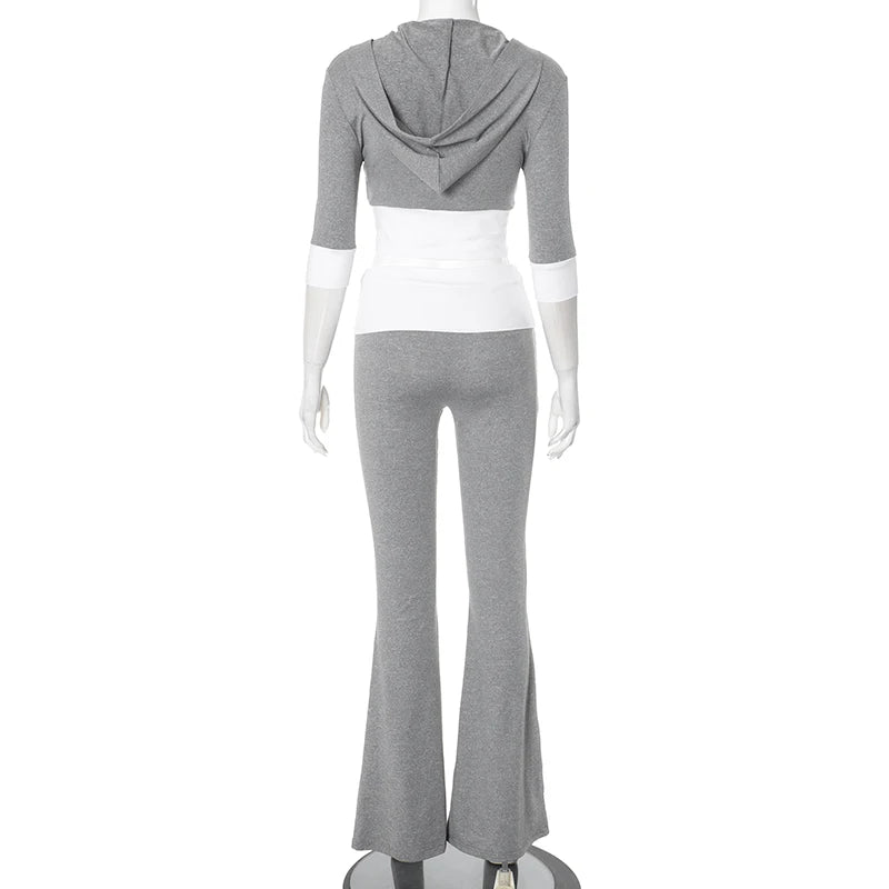 Sport Set Colliion Patchwork Hood Half-Sleev Top Wait Micro-Large Pant Set
